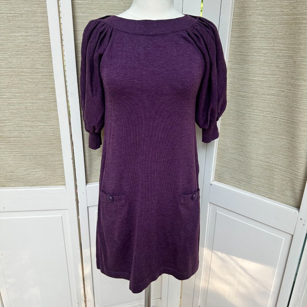 Jessica Howard Plum Sweater Dress S Puff Sleeve Knit Pocket Shift Dress